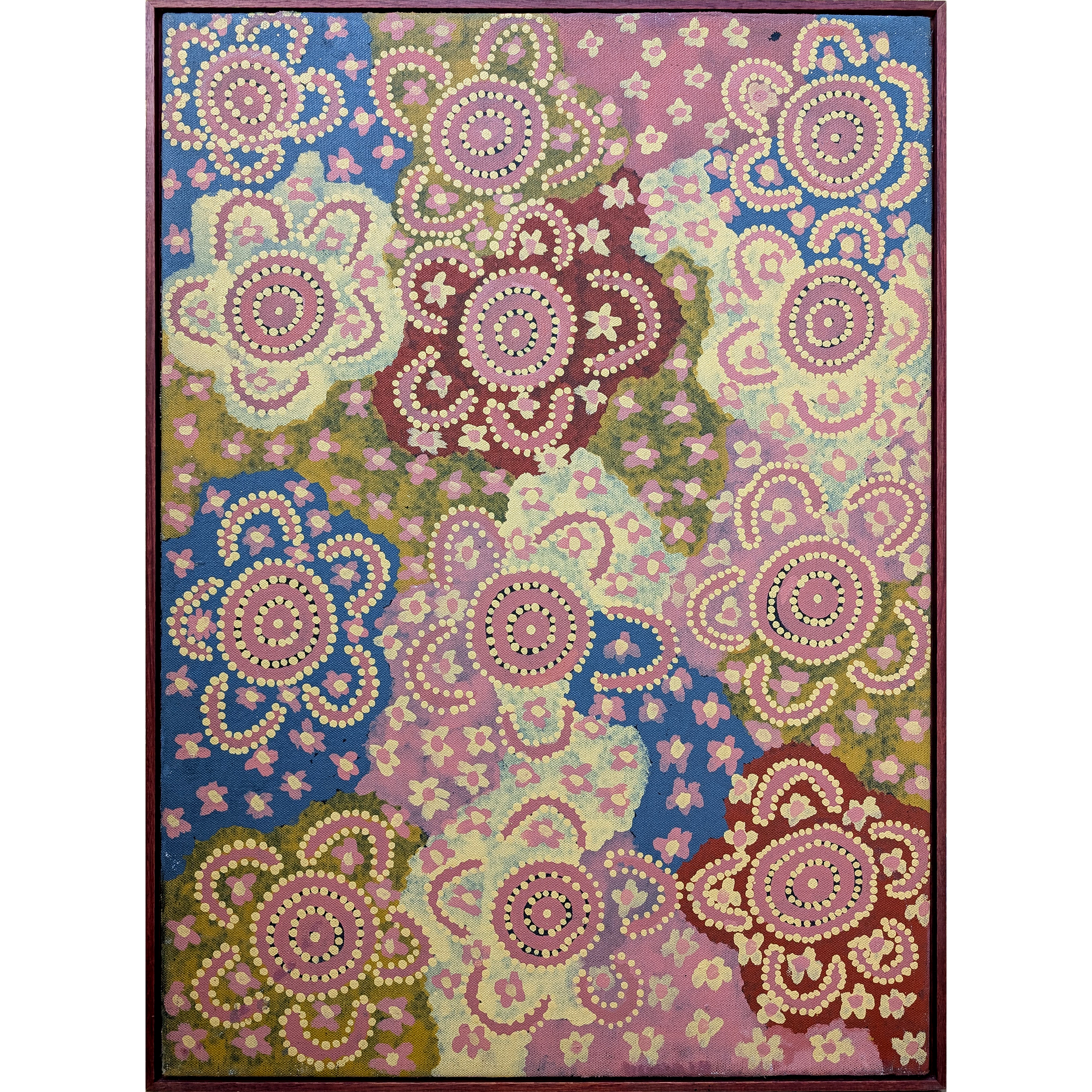 Artist: Maxie Tjampitjinpa | Title: Corroboree | Year: 1985 | Medium: synthetic polymer paint on canvas | Dimensions: 90 x 60 cm