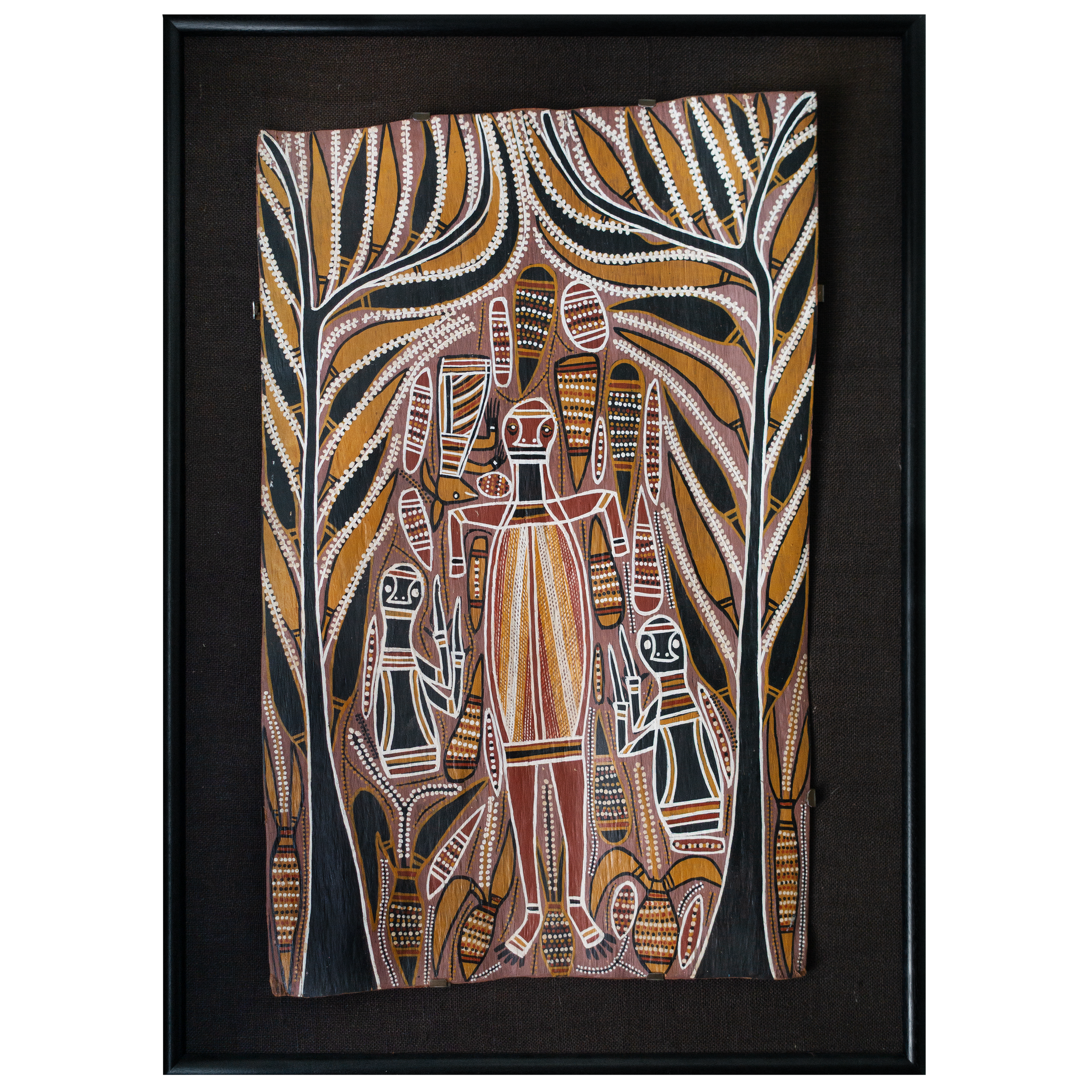 Lot 53
David Malangi (1927 - 1999)
Manarrngu Mortuary Rites - The Great Hunter Gurrumirringu, late 1970s-1980s
natural earth pigments on stringybark
98 x 62 cm
Est. A$