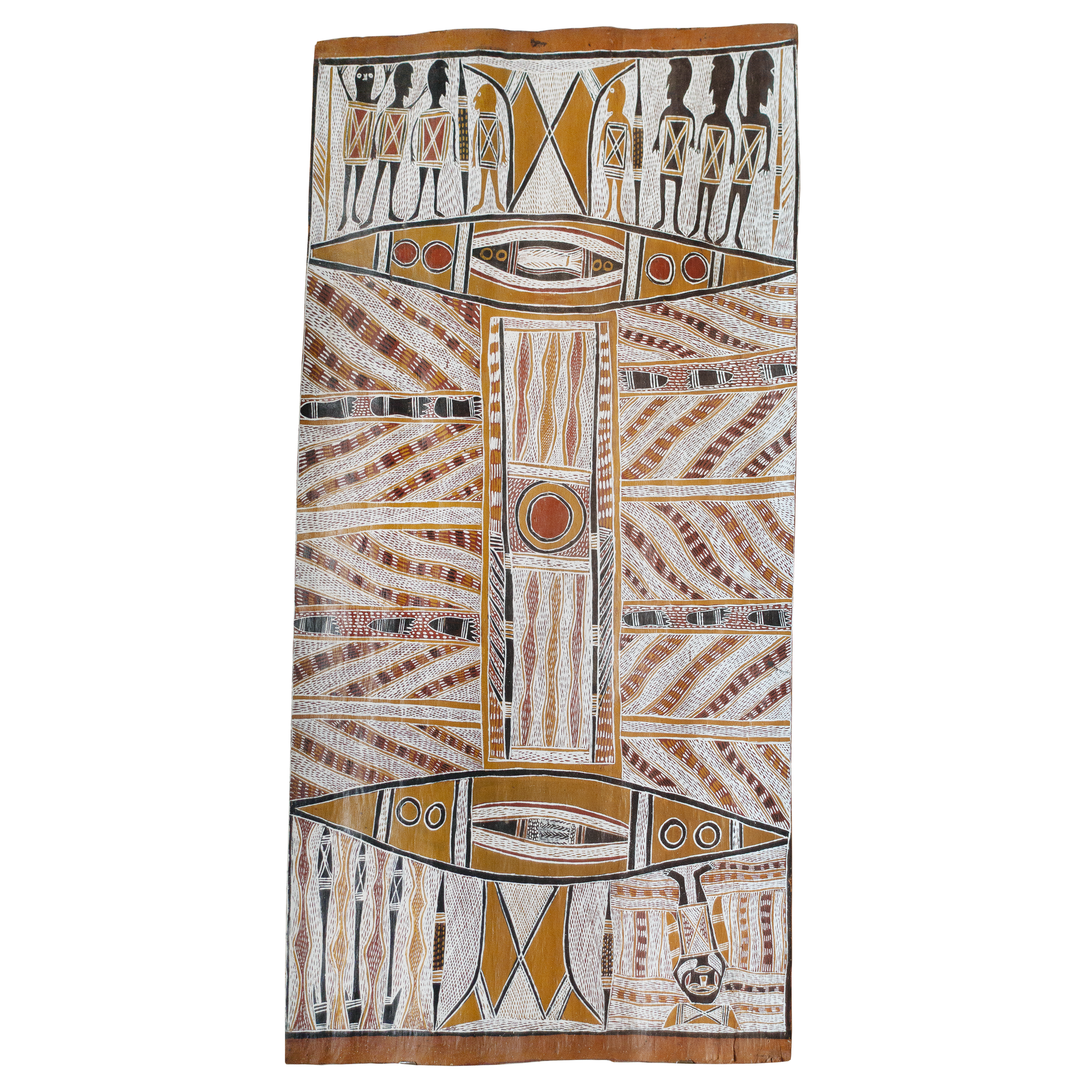 Lot 16
Narritjin Maymuru (1916- 1981)
Yingapungapa at Djarrakpi, 1971
natural earth pigment on stringy bark
120 x 57 cm
Est. A$
