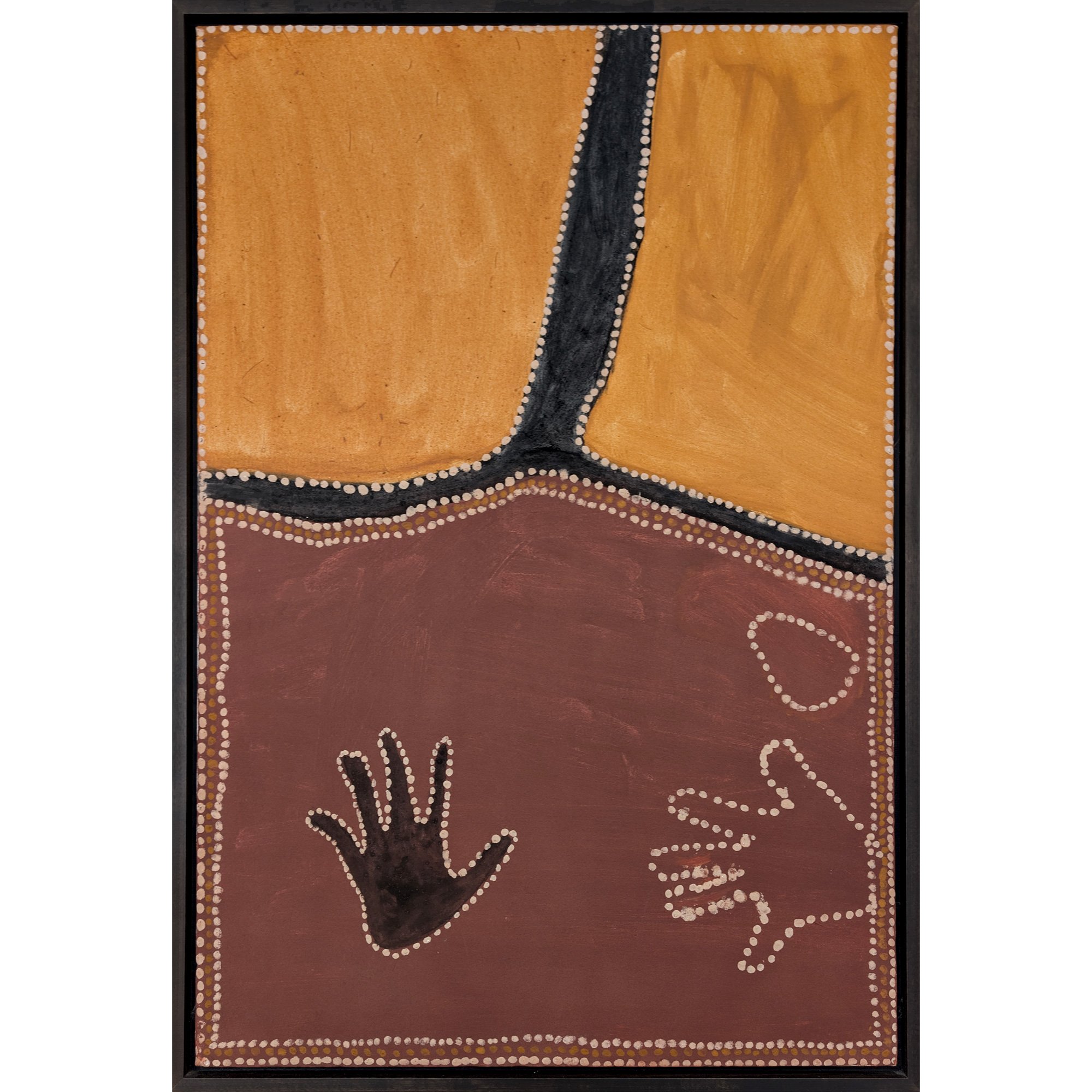 Lot 29 | ROVER JOOLAMA THOMAS (c. 1926 – 1998) | My Hand | 1993 | natural earth pigments on canvas, 90 x 60 cm / 95 x 64.5 cm (framed) | Est. AUD $25,000 - $35,000