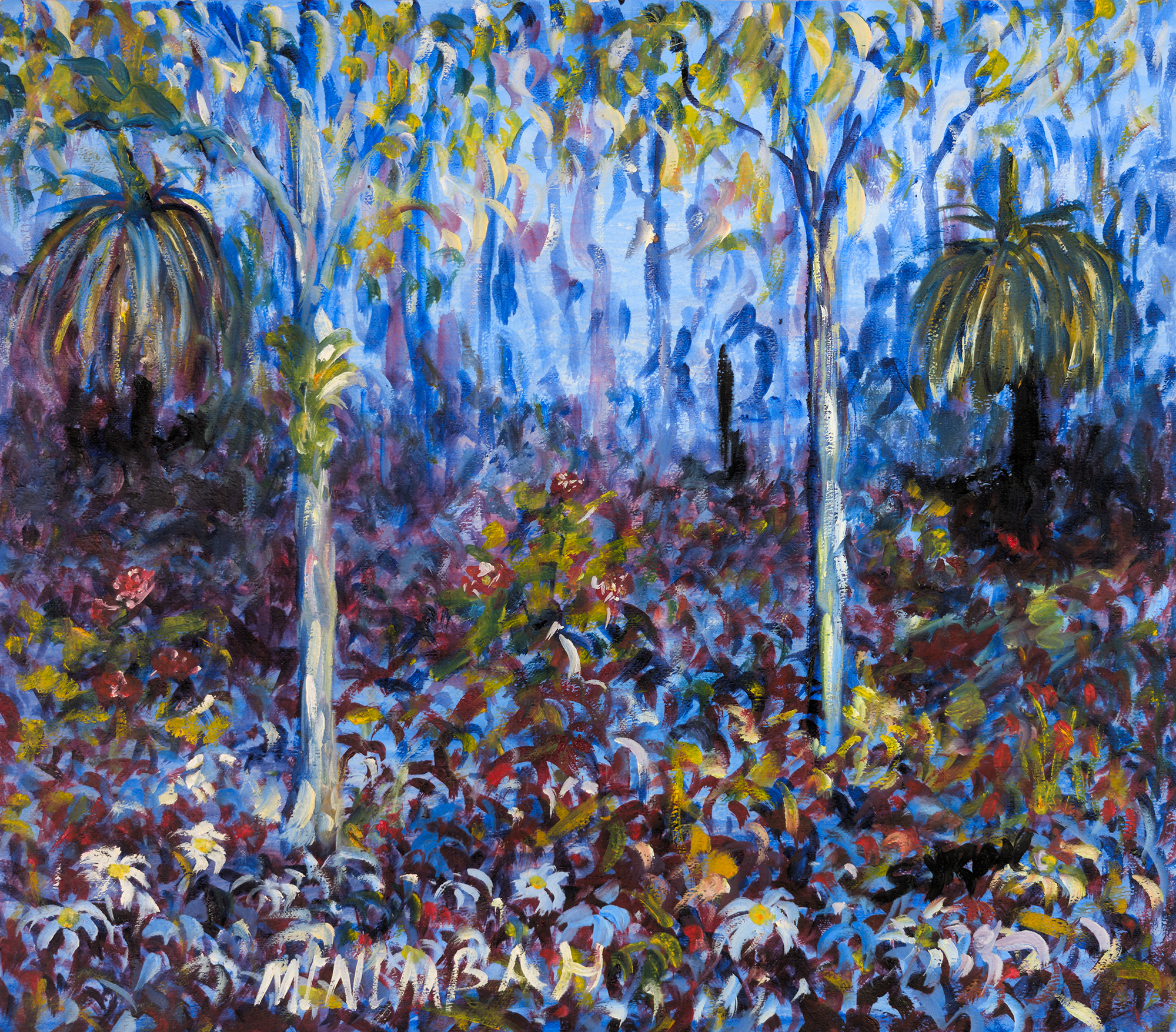 Artist: Gordon Syron |Title: Minimbah |Year: 2000 |Medium: oil on canvas |Dimensions: 47 x 54 cm (irreg); 52 x 58.5 cm frame