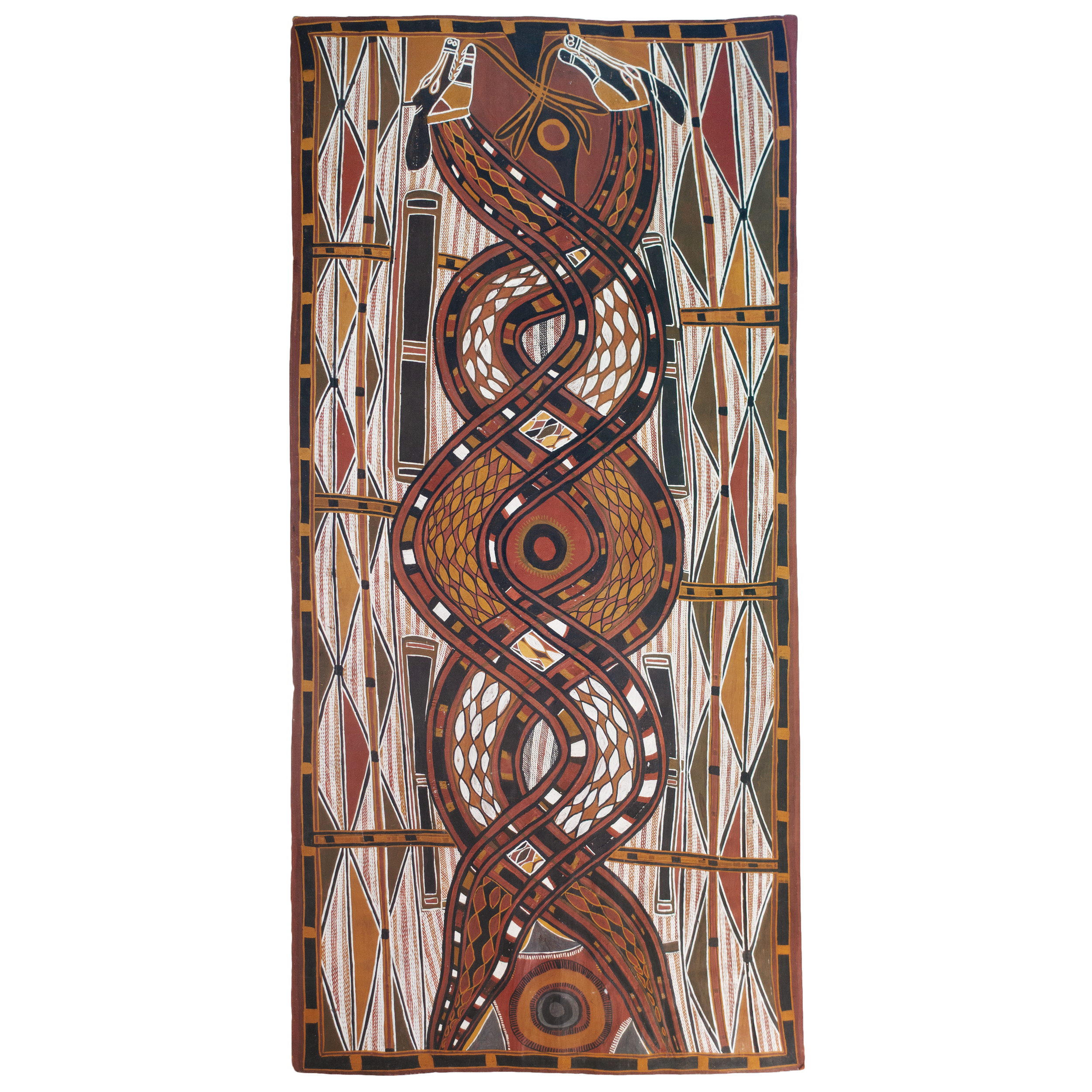 Lot 37
Les Mirrikkurriya (1938-1996)
Ngalyod/Bolong (Rainbow Serpent) at Kidjorl Near Bolkjam, 1994
ochre pigments with PVC fixative on stringybark (Eucalyptus tetradonta)
130 x 57 cm
Est. A$