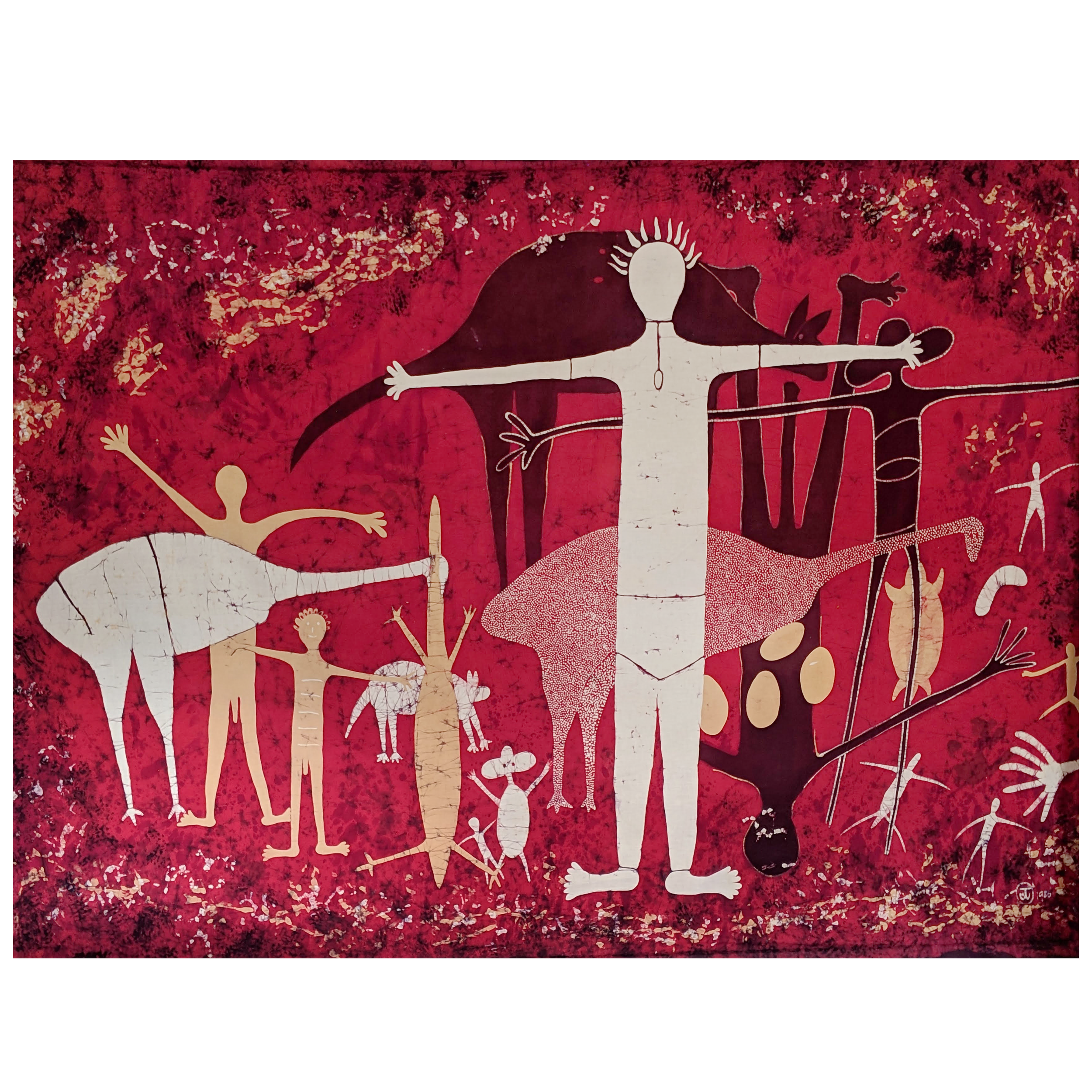 Lot 54
Heather Walker (1942-)
Collage of Sketches of the Quinkan Rock Paintings at Laura, North Queensland, 1996
Resist dye batik on heavy cloth
190 x 270 cm
Est. A$