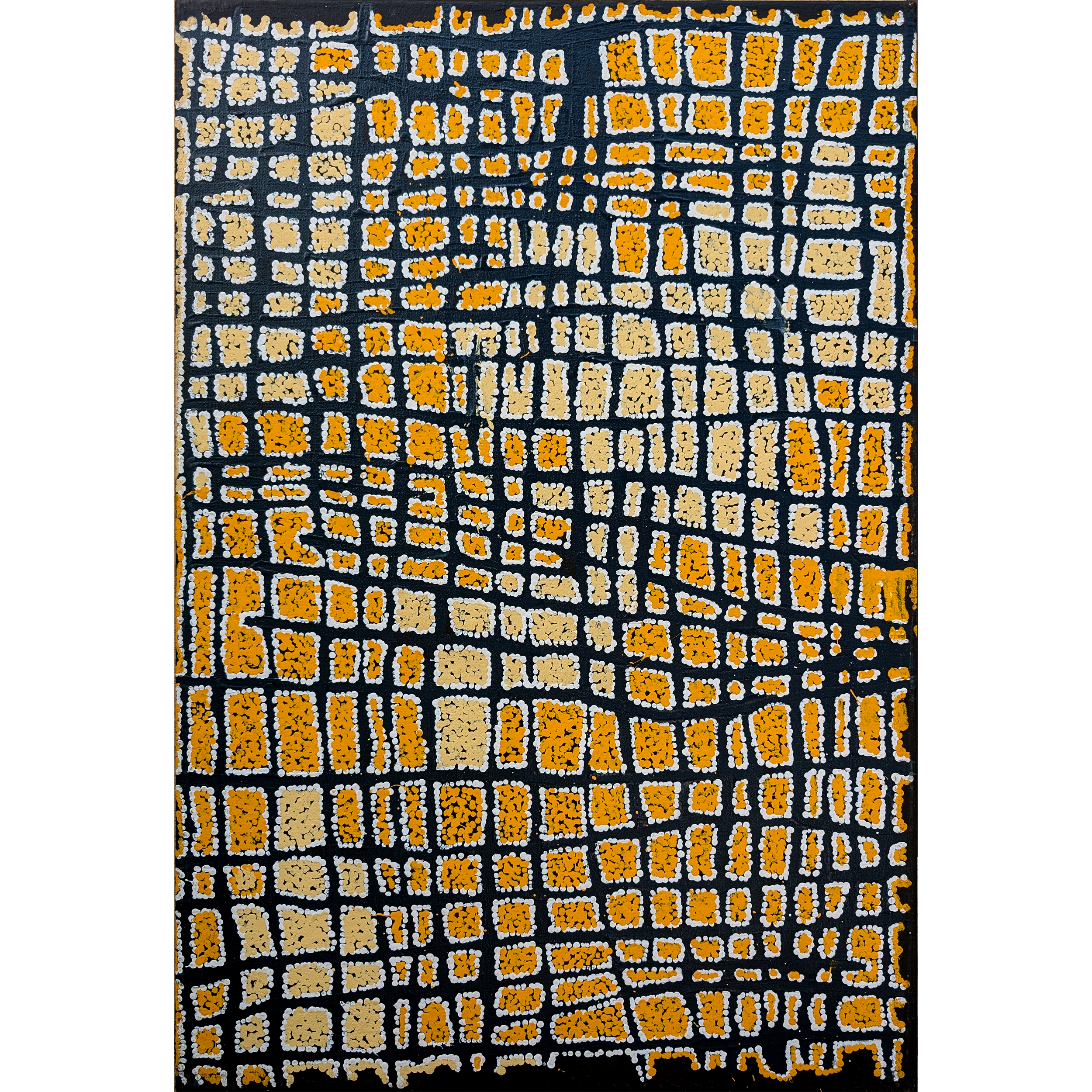 Artist: Walangkura Napanangka | Title: Kutungka Napanangka at Papunga | Year: 2005 | Medium: Synthetic polymer on Belgian linen | Dimensions: 90 x 60
