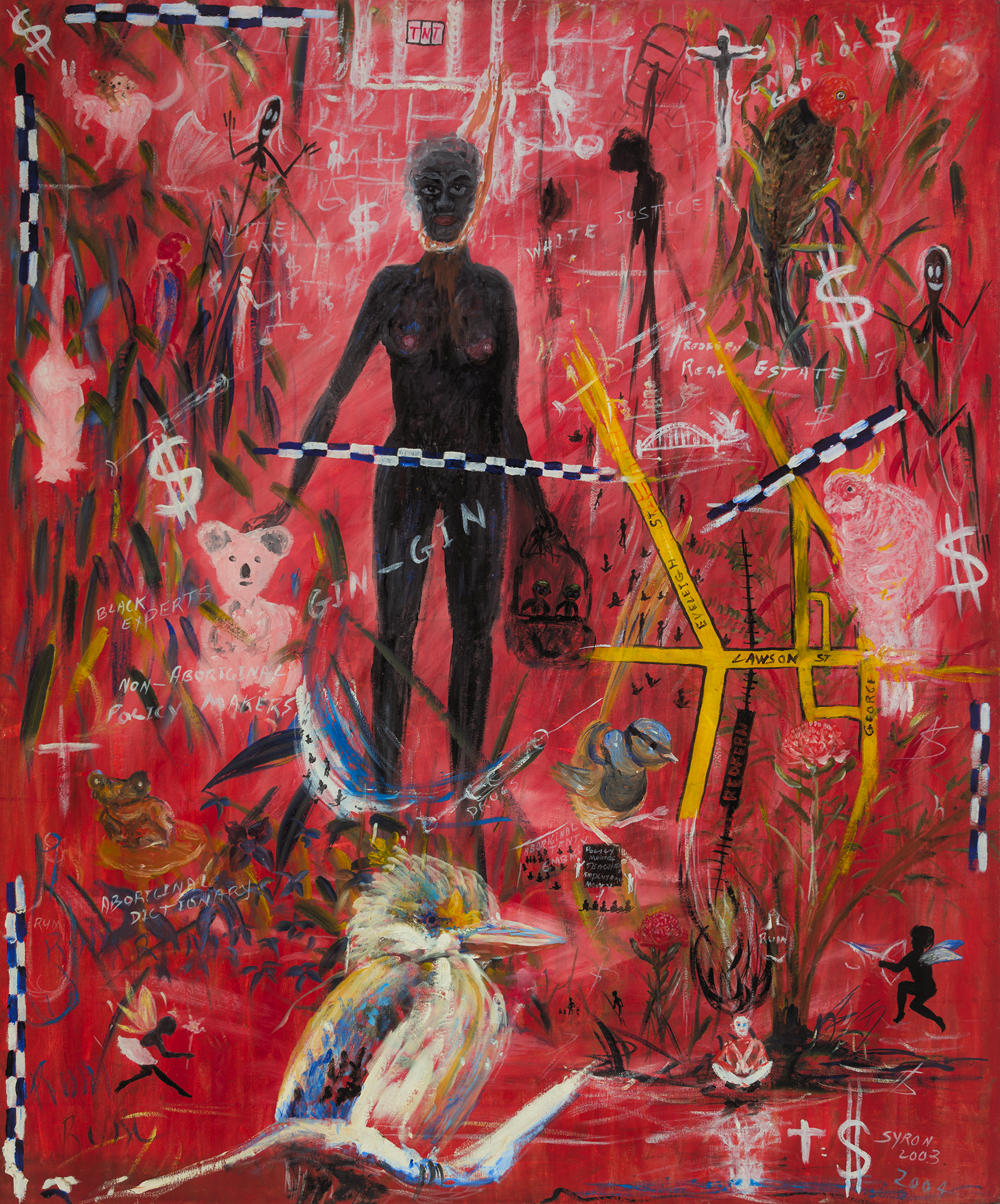 Artist: Gordon Syron |Title: Miss Future Aboriginal Deaths in Custody |Year: 2003-04 |Medium: oil on canvas |Dimensions: 120 x 100 cm