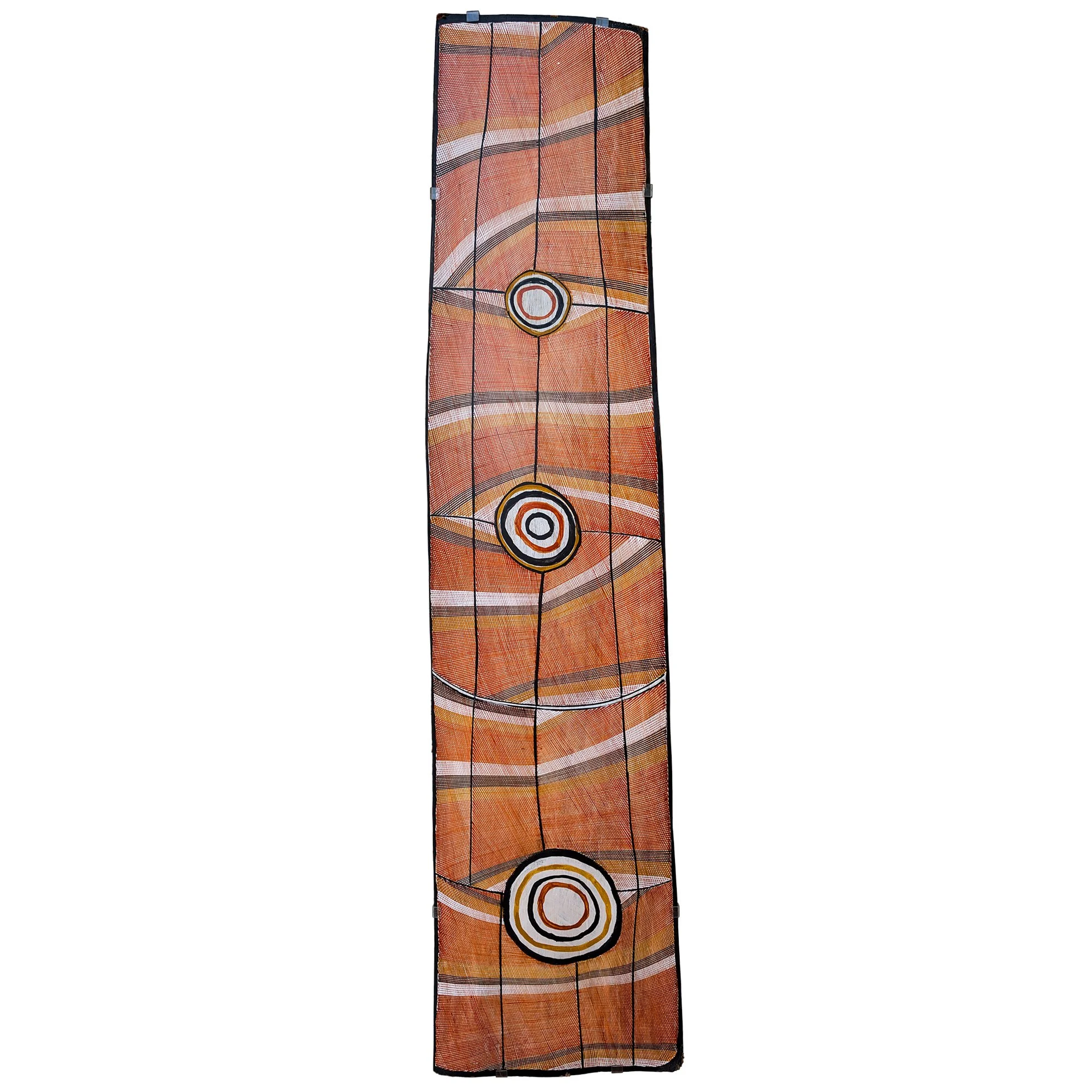 Lot 9 | KAY LINDJUWANGA (1957 – 2024) | Mardayin Design | 2004 | natural earth pigments on bark, 159 x 39.5 cm | Est. AUD $4,000 - $6,000