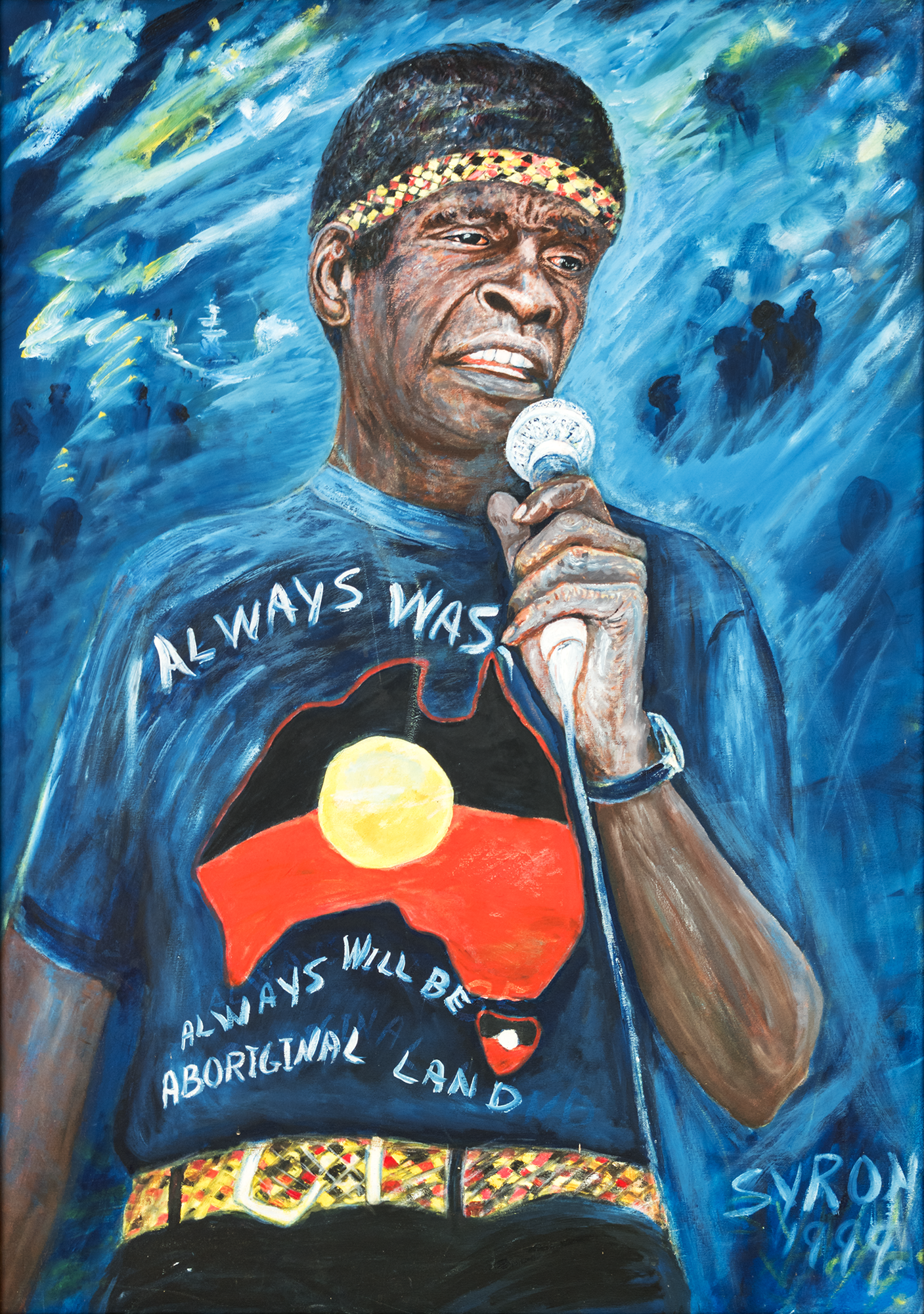 Artist: Gordon Syron |Title: George Rrurrambu (Warumpi Band) |Year: 1999 |Medium: oil on canvas |Dimensions: 107 x 76 cm; 119.5 x 88cm frame