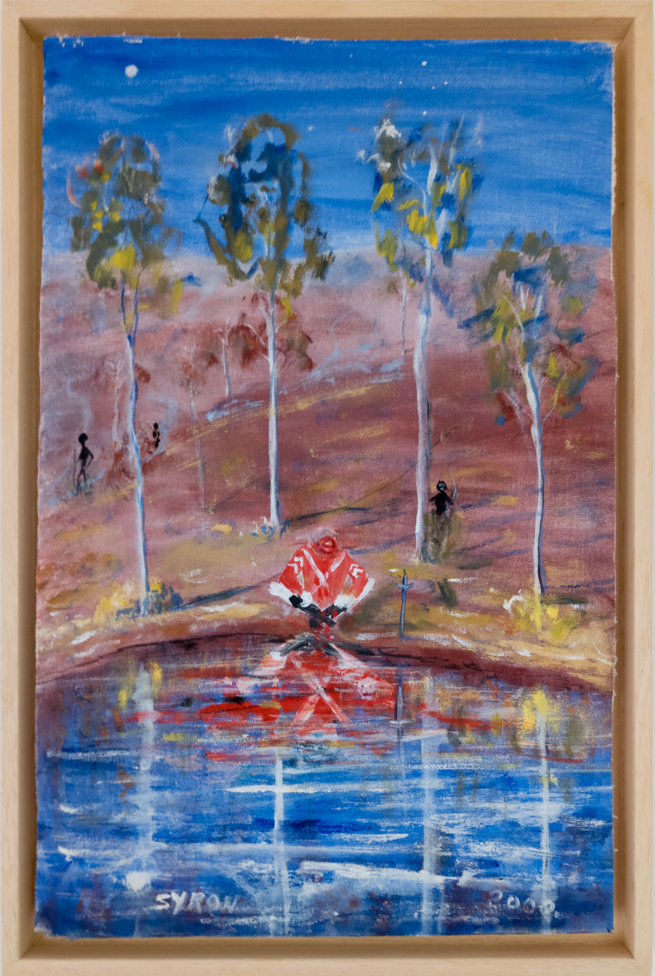 Artist: Gordon Syron |Title: The Poisoning of the Waterholes |Year: 2000 |Medium: oil on canvas |Dimensions: 49 x 31 cm; 53 x 35.5 cm frame