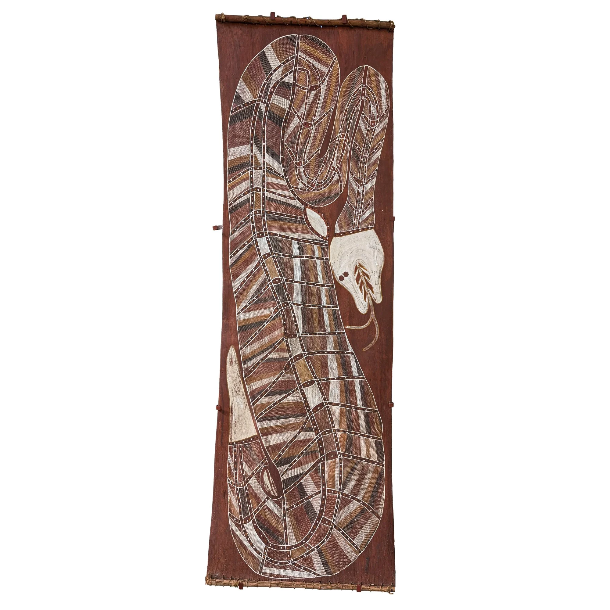 Lot 8 | JOHN MAWURNDJUL (1952 – 2024) | Ngalyod — Rainbow Serpent | 1988 | natural earth pigments on bark, 173 x 61 cm | Est. AUD $7,000 - $9,000