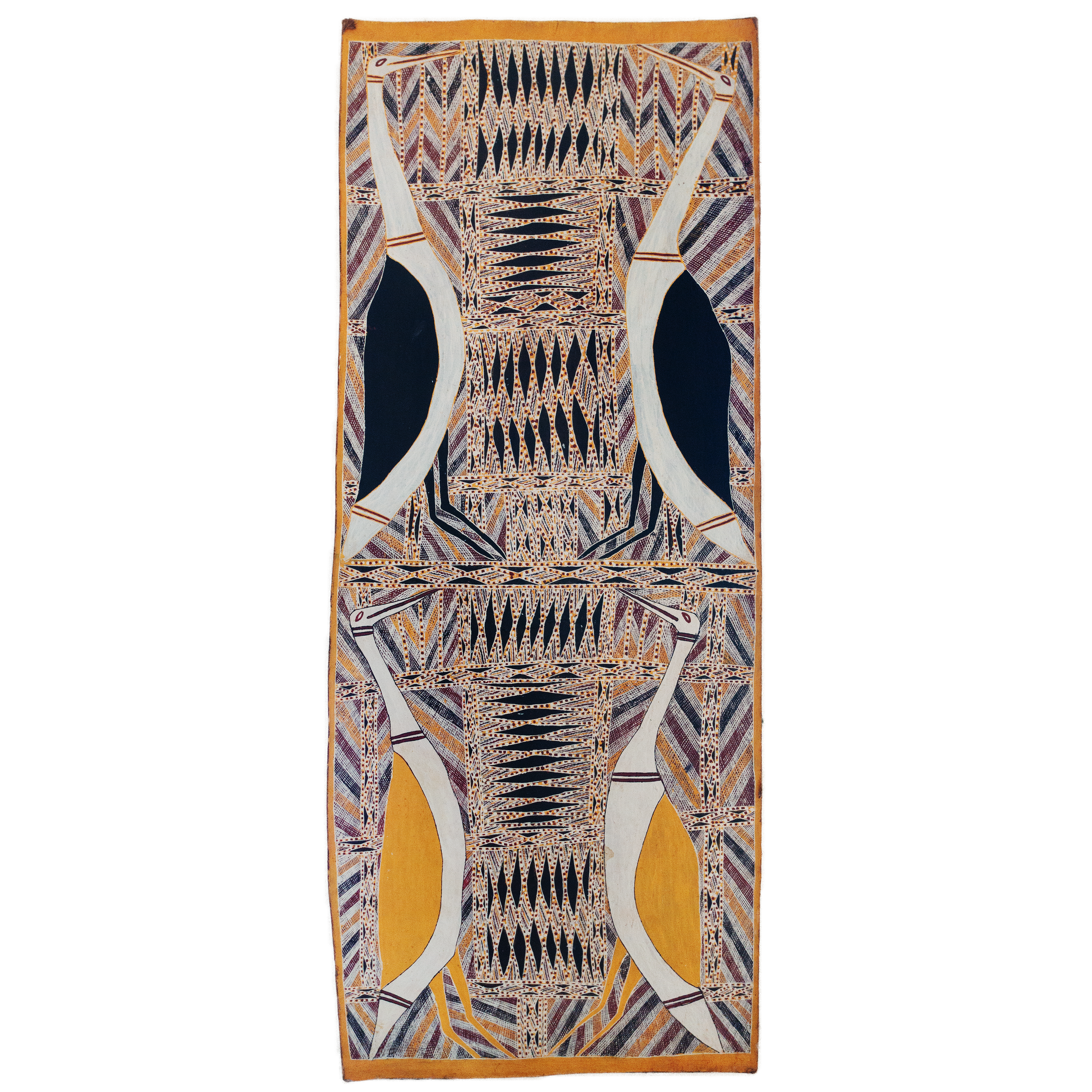 Lot 18
Charlie Matjuwi Burarrwanga (c.1934 -)
Four Diver Ducks and a Yirritja Body Design, 1992
natural earth pigment on stringy bark
159 x 63 cm
Est. A$