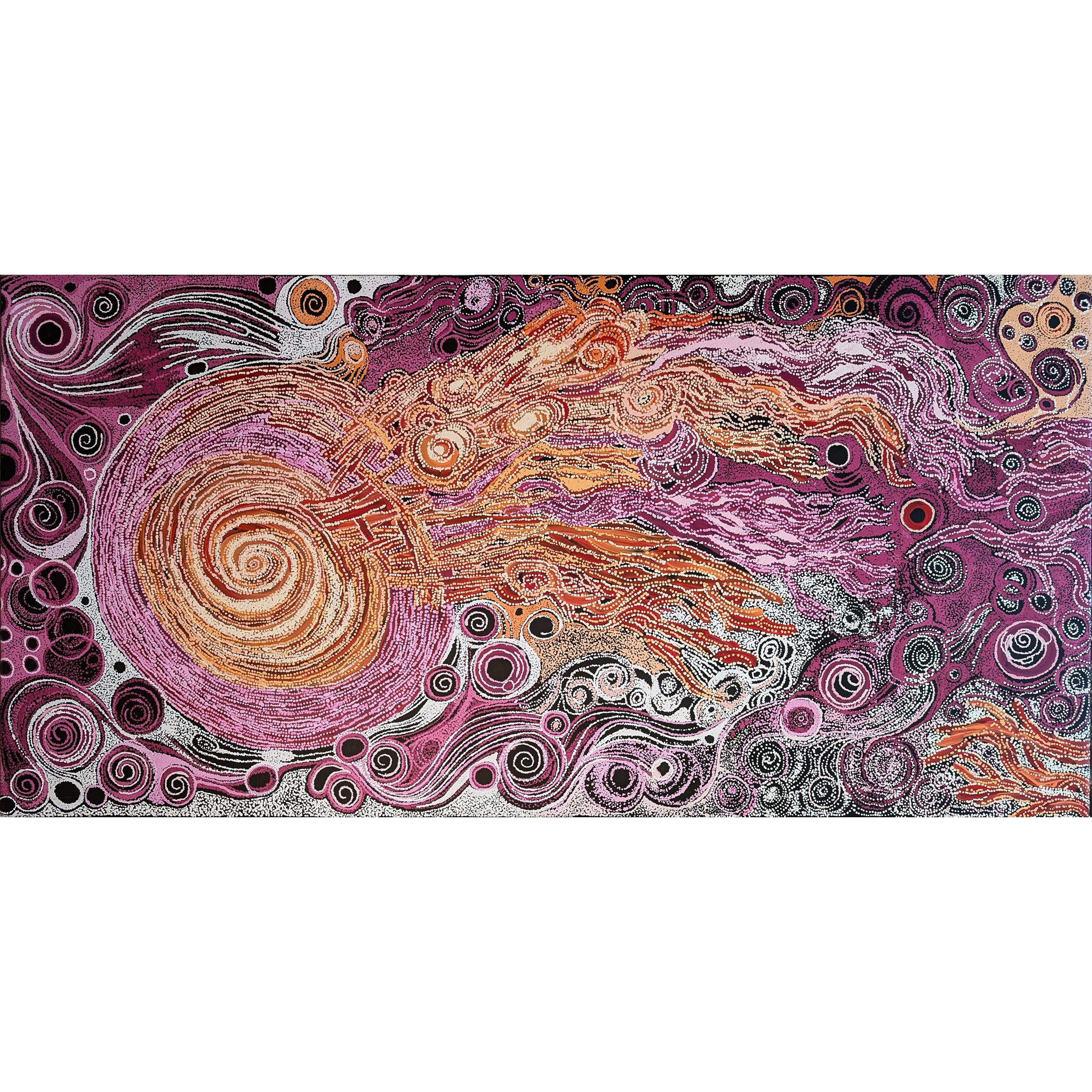 Artist: Madeline Curley & Carolanne Ken | Title: Seven Sisters & Minma Malilu | Year: 2022 | Medium: acrylic on linen | Dimensions: 100 x 202 cm