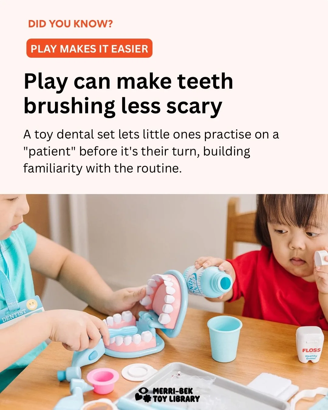 Did you know play can make the tricky stuff easier? 

🦷🩺🍳

We&rsquo;re talking about the everyday battles like brushing teeth, visiting the doctor, getting fussy eaters interested in food.

Pretend play is one of the most powerful tools parents ha