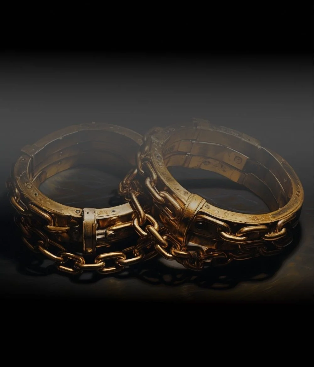 this image showing two golden handcuffs in a dark background