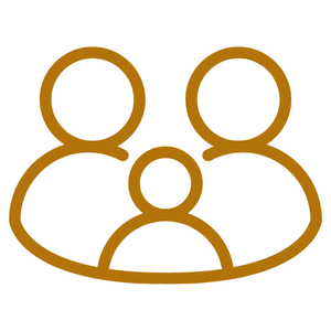Line drawing of a group of three people, with two larger figures and one smaller figure in front.