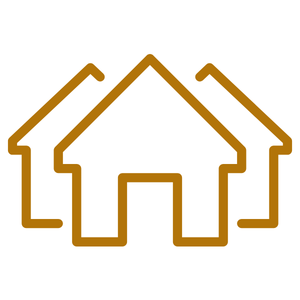 Outline of three interconnected houses in brown