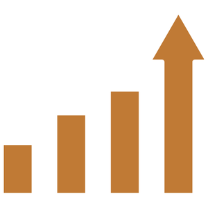 Bar chart with increasing values and an upward arrow in brown.
