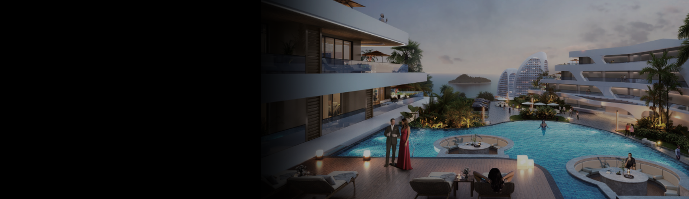 People enjoying a luxurious outdoor swimming pool area at sunset, with modern high-rise buildings and sea in the background.