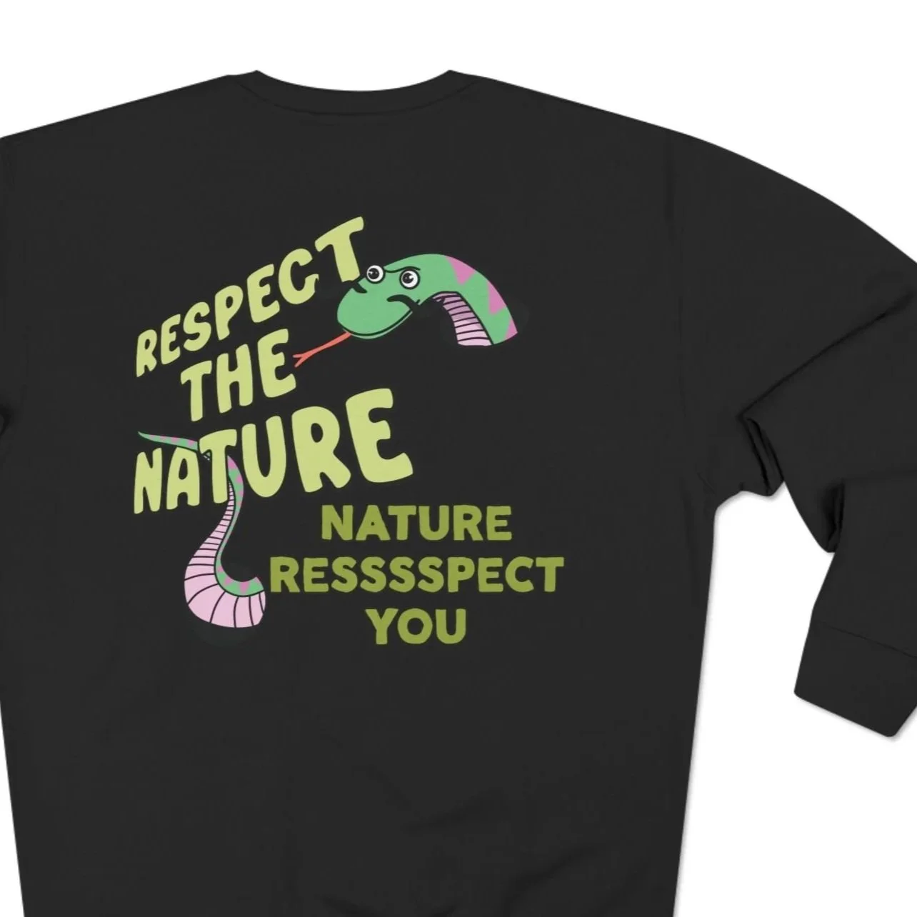 Black T-shirt with a cartoon snake and the words "Respect the nature, nature reespect you" in lime green font.