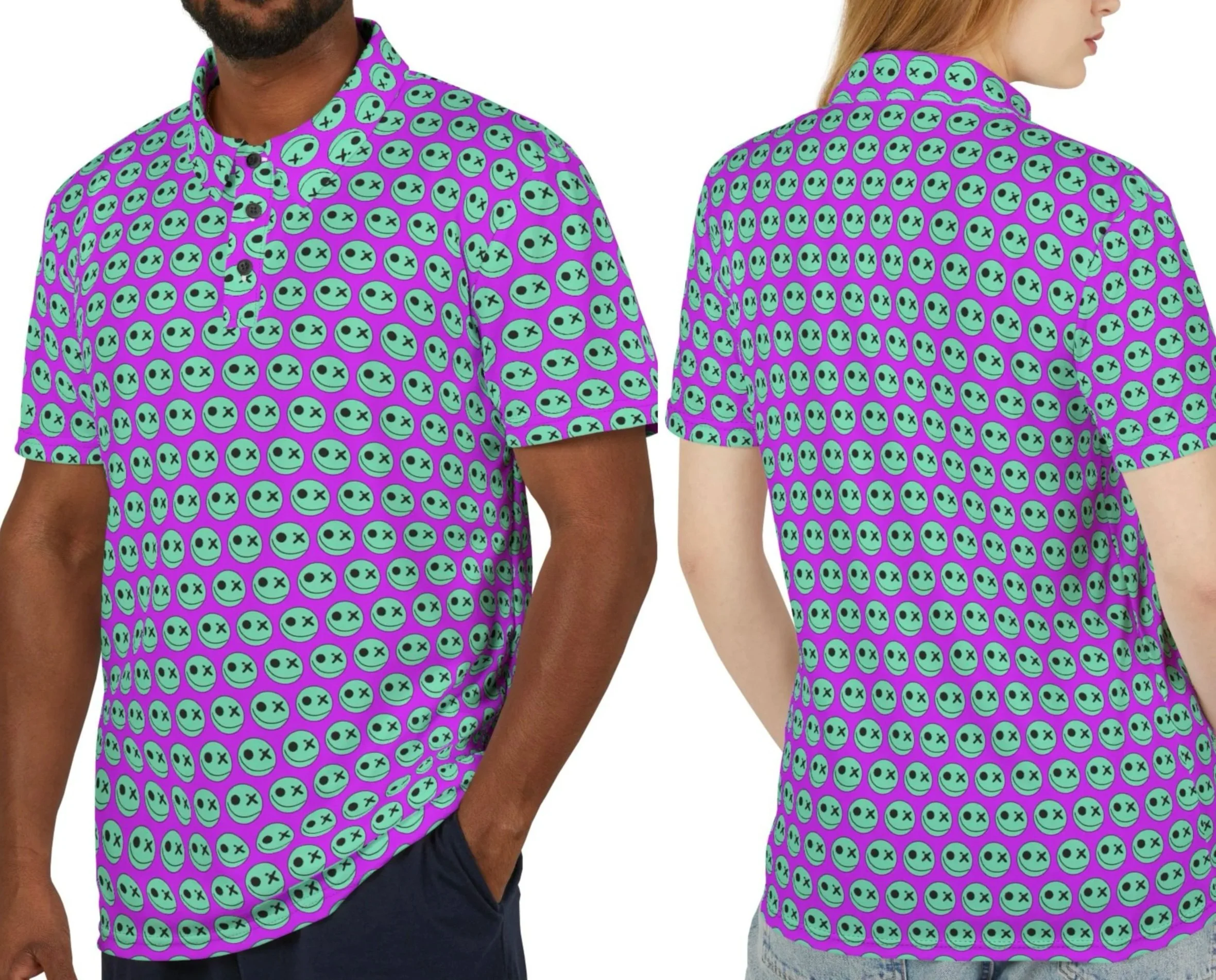 Close-up of two people wearing matching purple shirts covered in a pattern of light green smiley faces with X's for eyes.