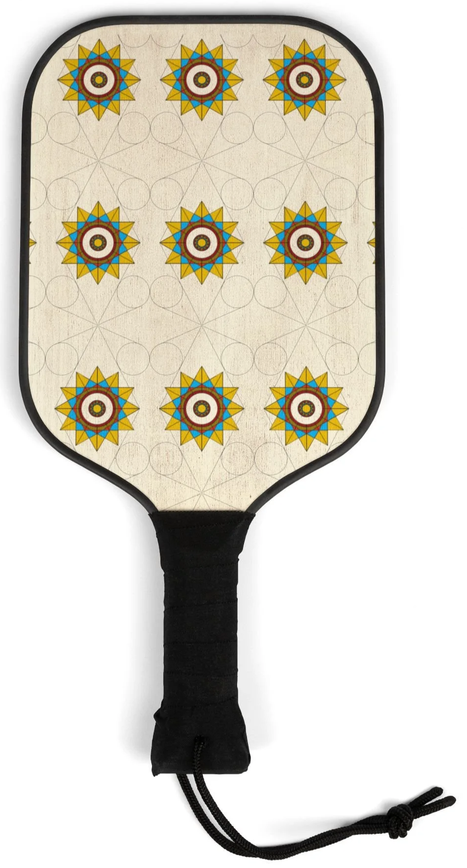 Pickleball paddle with a design of colorful geometric star patterns on a light background.