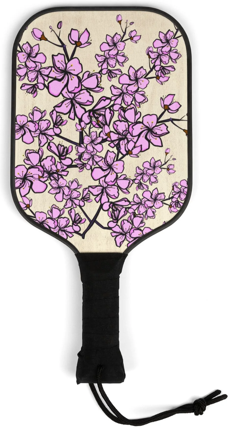 A pickleball paddle with pink and purple cherry blossom flowers on the surface.