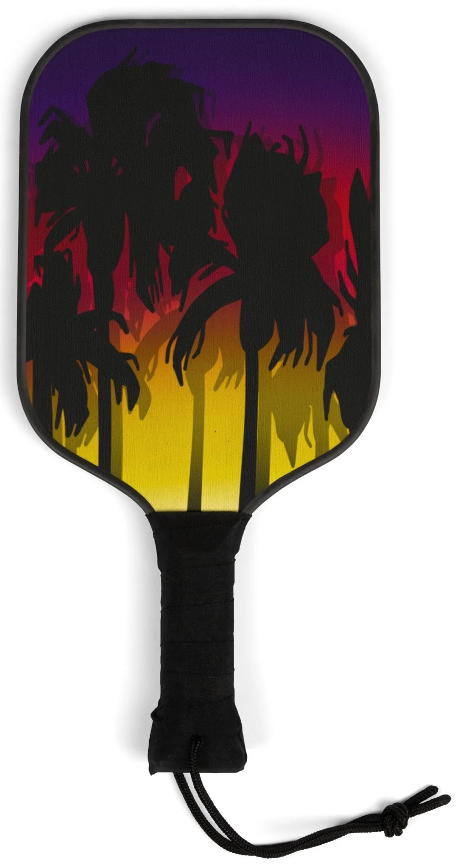 A pickleball paddle with a colorful illustration of silhouetted flowers and a sunset background.
