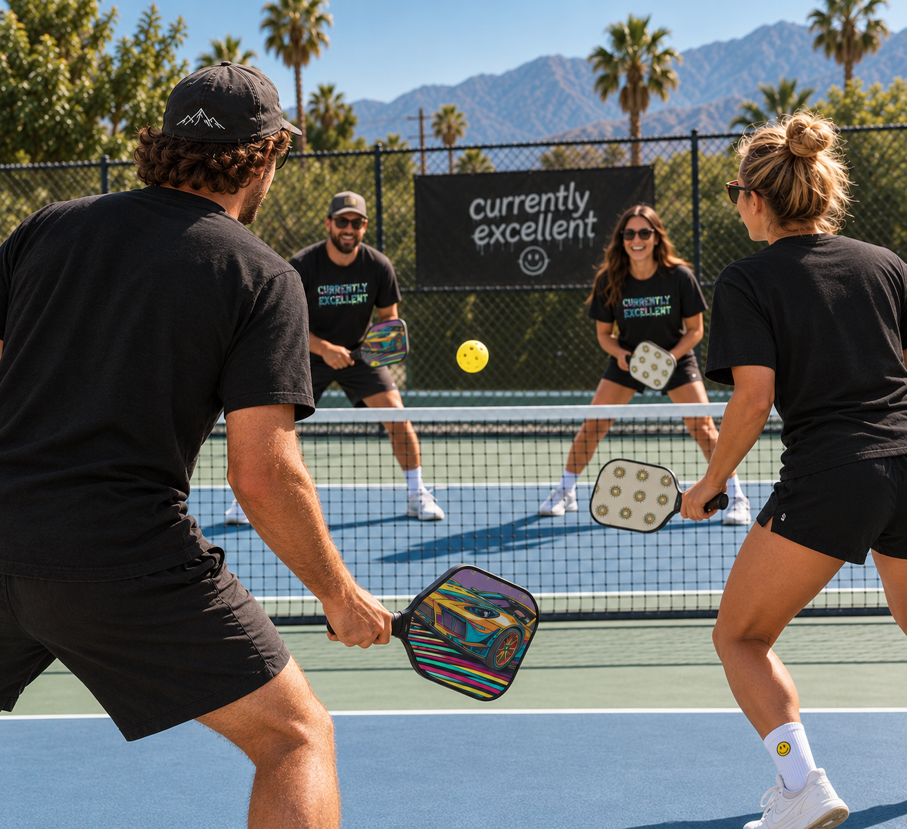 Four people playing pickleball on an outdoor court surrounded by trees and mountains, with a sign that says "currently excellent" in the background.