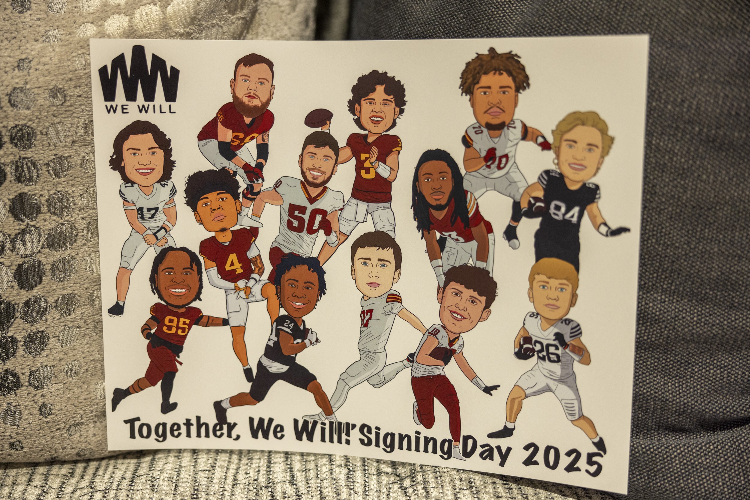Cartoon illustration of football players with "Together, We Will! Signing Day 2025" text and "We Will" logo.