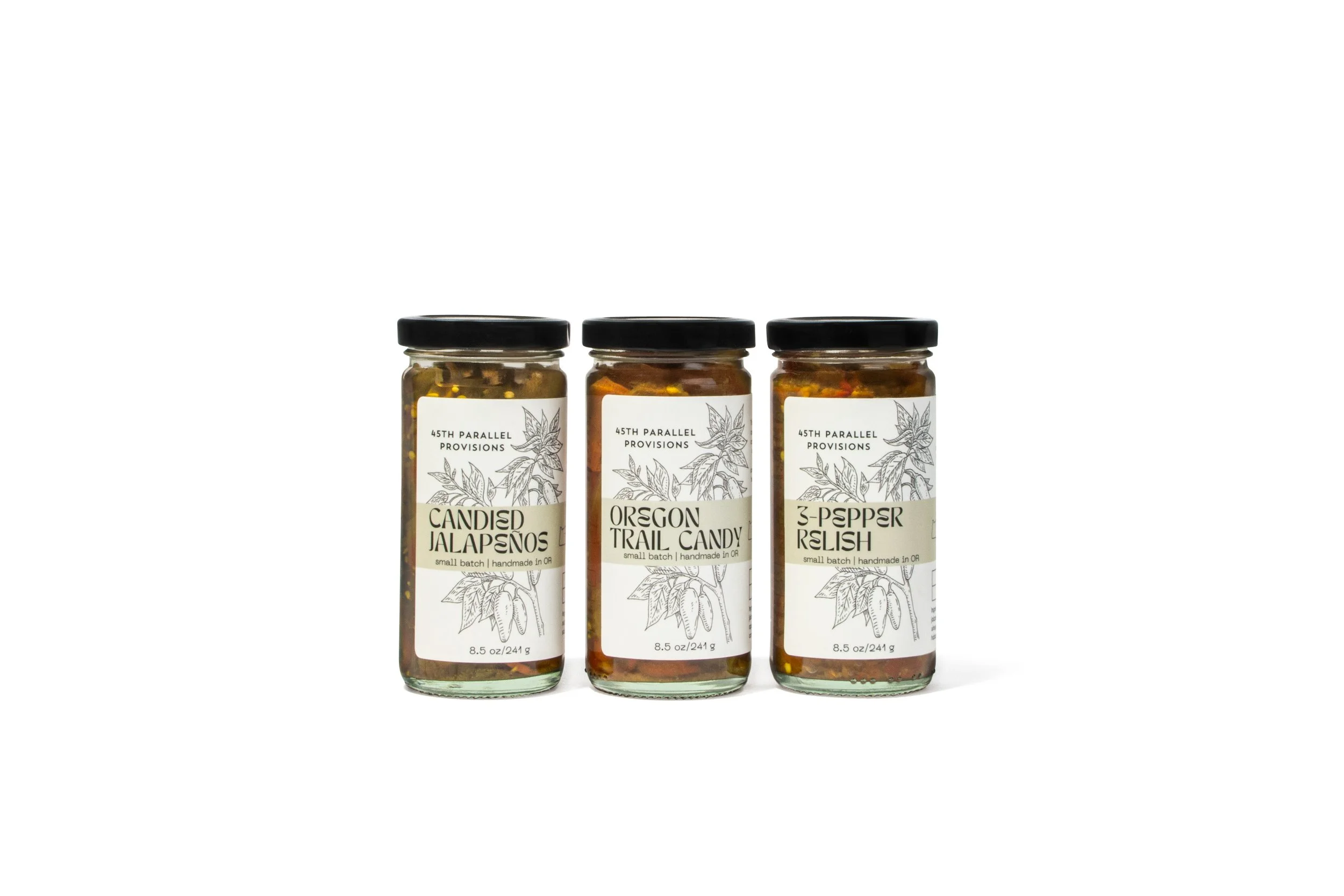 The Trio: 3-Pepper Relish, Oregon Trail Candy, and Candied Jalapeños (3-pack)