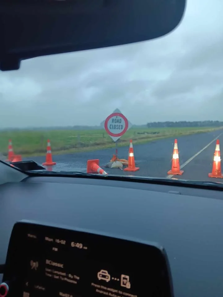 Taipo Road, Rongotea is closed due to fallen trees. Photo by Shah Willoughby