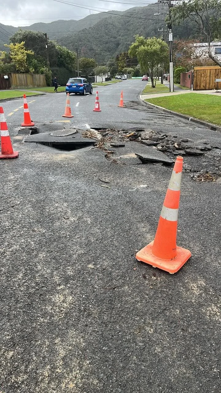 Tawhai St in Stokes Valley has copped some damage. A good reminder why you shouldn't drive through floodwaters!