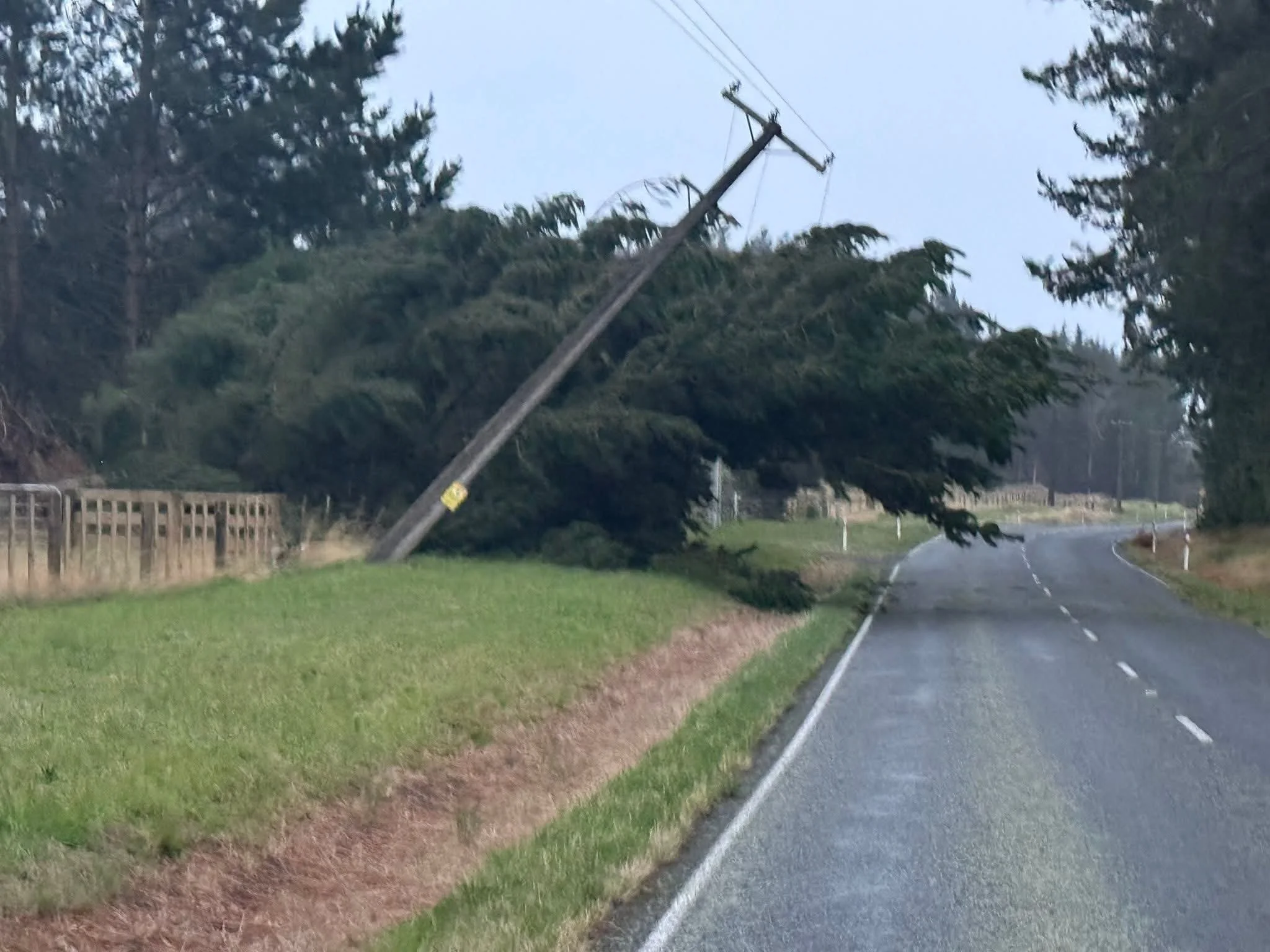 A power pole leans on Himatangi Beach Rd. Photo by Nigel Barker