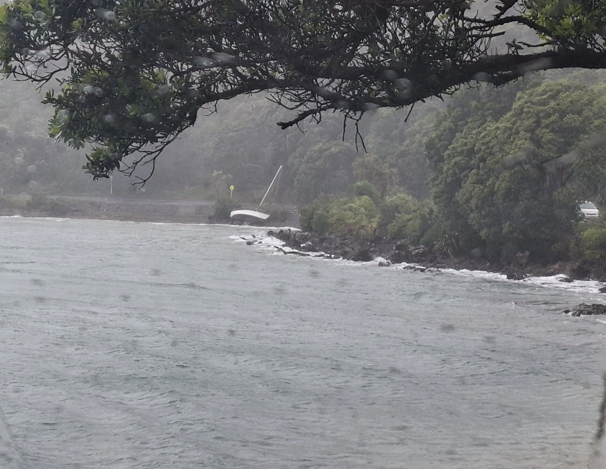 A boat sits smashed against the rocks at Wellington's Shelley Bay. Photo by Andre Martitz