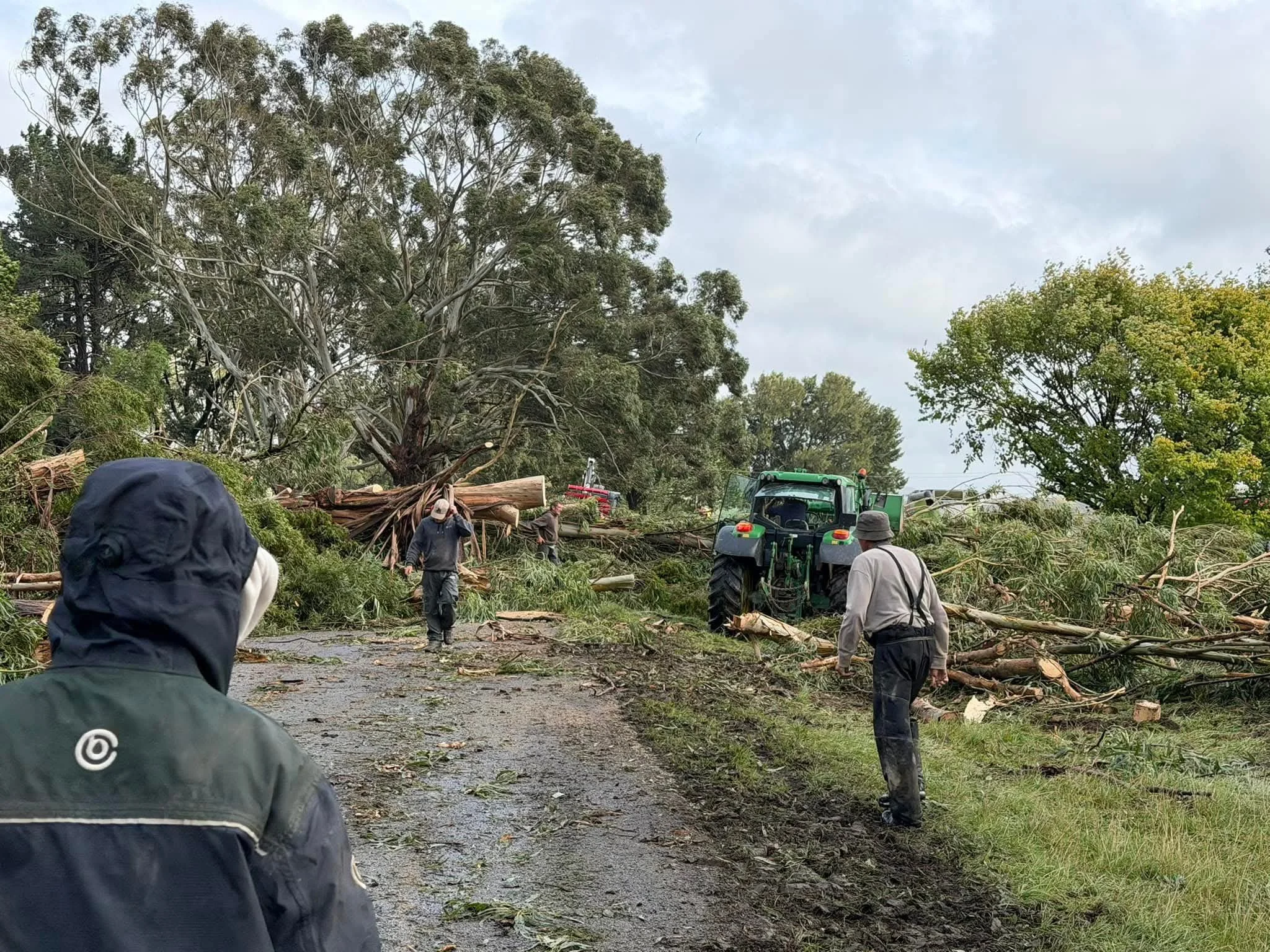 The farmers of Waimimi Road, Whareama, clearing the road of fallen gum trees. Photo by Kirsty Lewis