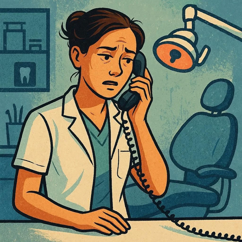 Stress female dentist on phone