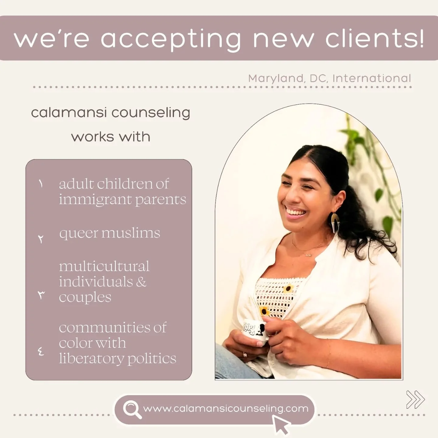 🌼 calamansi counseling is accepting new clients! we offer culturally integrative anti-oppressive care.
 
🫂 mental health therapy for adult children of immigrant parents, queer muslims, multicultural individuals &amp; couples, third culture kids, co