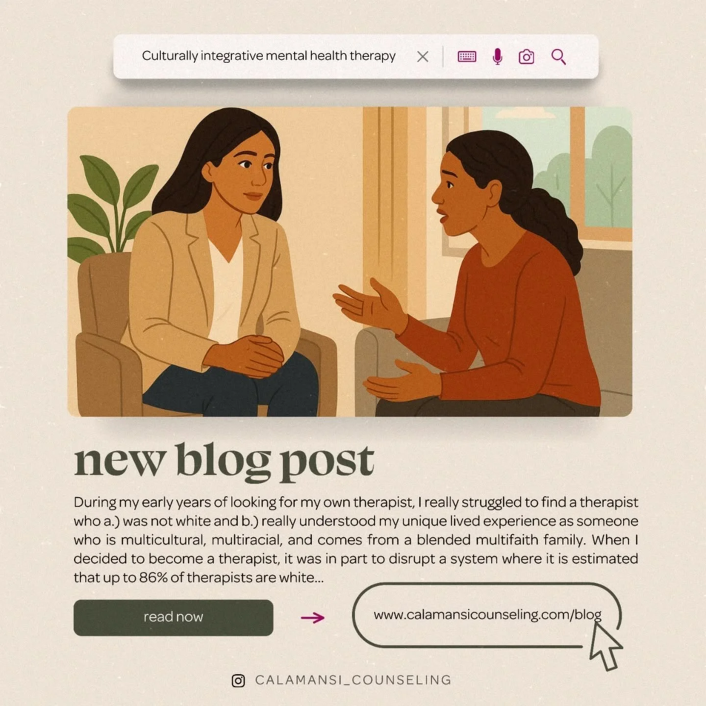 New Blog Post 👩🏽&zwj;💻

During my early years of looking for my own therapist, I really struggled to find a therapist who a.) was not white and b.) really understood my unique lived experience as someone who is multicultural, multiracial, and come