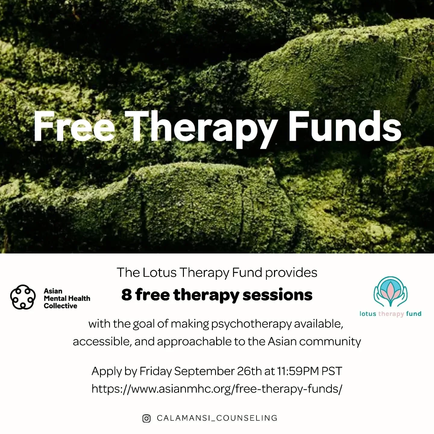The @asianmentalhealthcollective #lotustherapyfund is now open. The Lotus Therapy Fund provides 8-free sessions of virtual or in-person therapy over 3 months.

Participants can choose from licensed therapists in the Asian Mental Health Collective dir