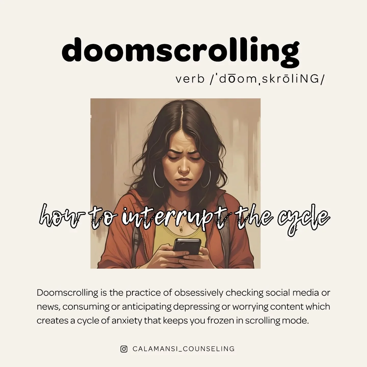 🤳🏾 Doomscrolling: How to interrupt the cycle 

Doomscrolling is the practice of obsessively checking social media or news, consuming or anticipating depressing or worrying content which creates a cycle of anxiety that keeps you frozen and scrolling