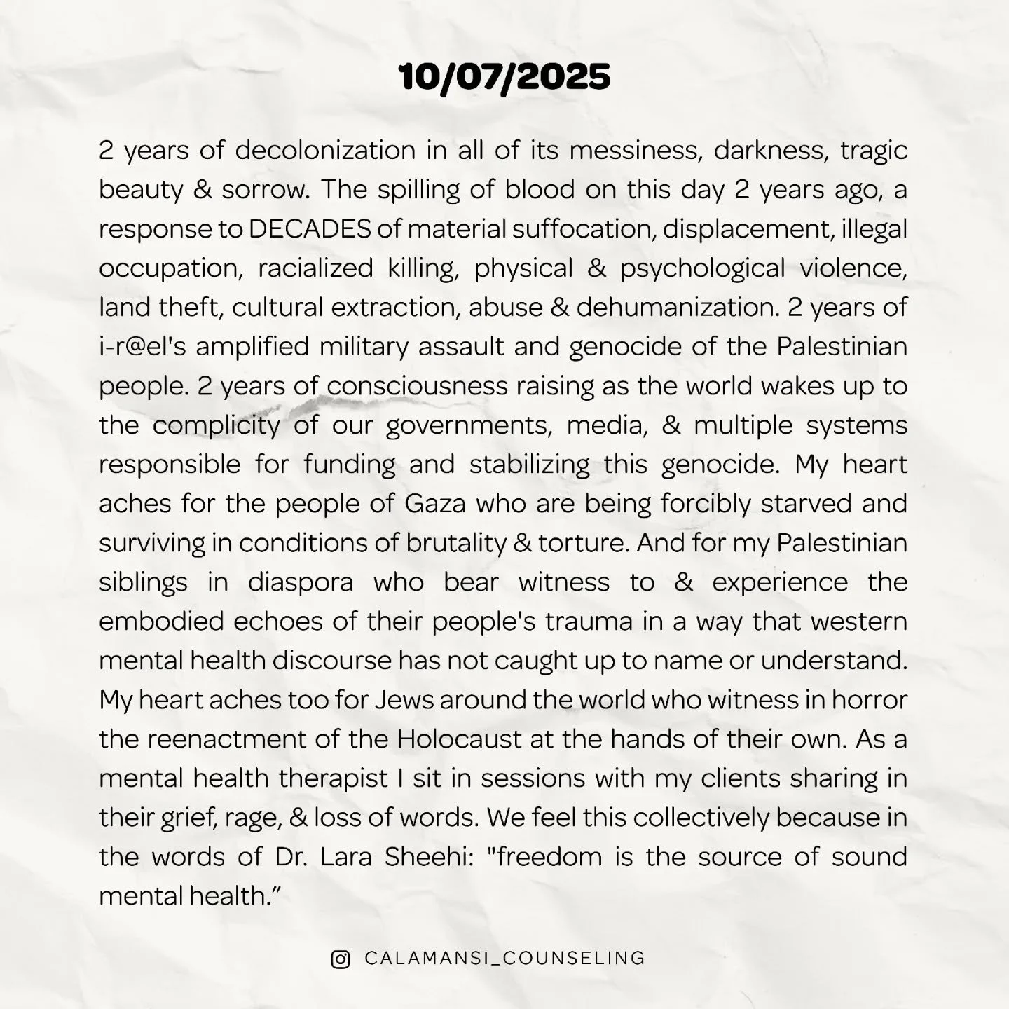 Reflections on Oct 07, Gaza, decolonization, mental health, and collective wellbeing.
