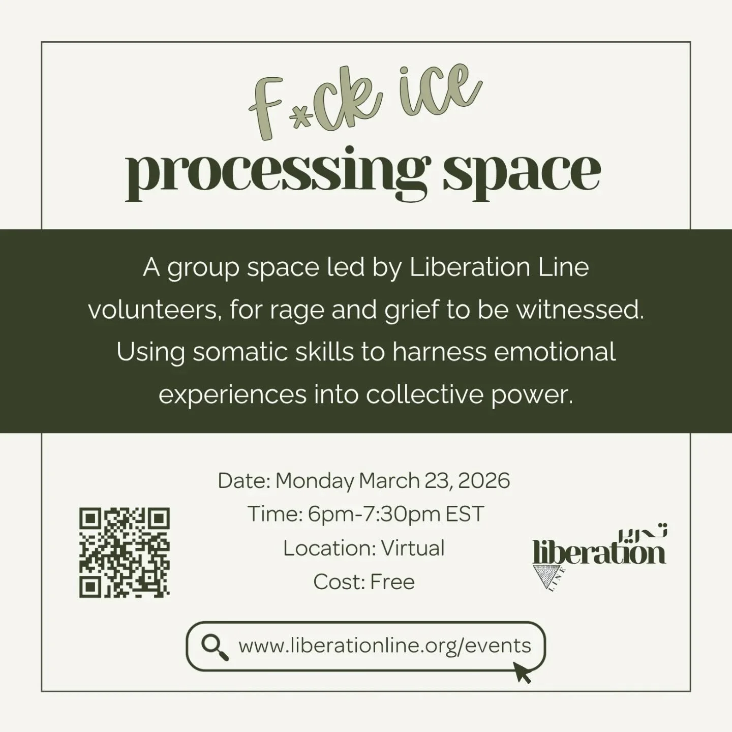 &ldquo;One of the most vital ways we sustain ourselves is by building communities of resistance, places where we know we are not alone.&rdquo; ~bell hooks

Join the Liberation Line for a F*ck ICE Processing Space.

This group will be led by Liberatio