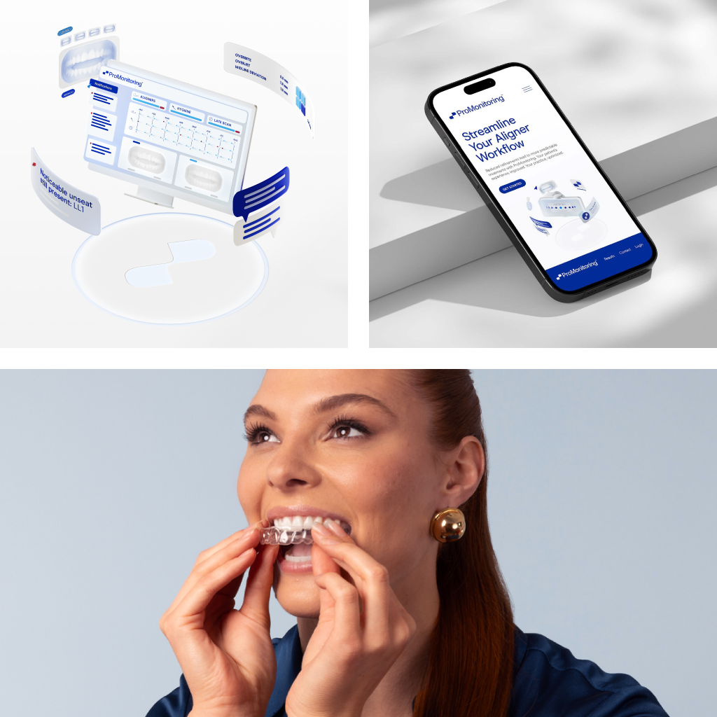 A woman with red hair fitting a clear aligner into her mouth.