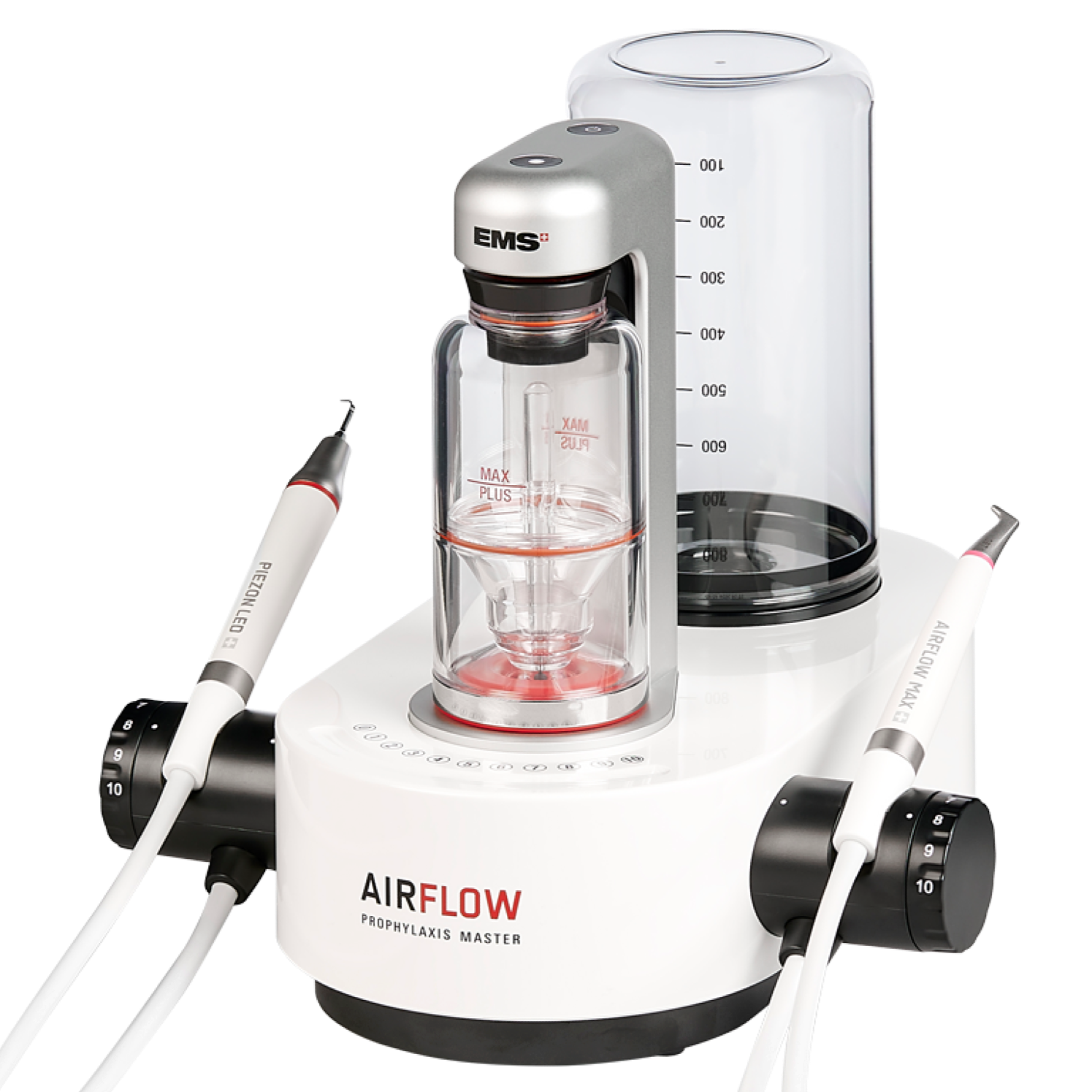 A medical device with two handpieces labeled 'PIEZON LED' and 'AIRFLOW MAX' connected to a base with dials, and a water reservoir, used for dental prophylaxis and cleaning.