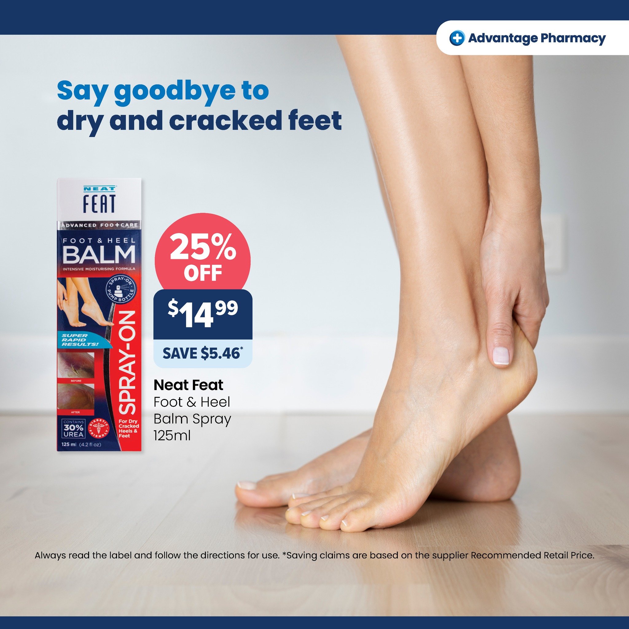 Do you struggle with dry and cracked feet or heels?
Neat Feet Foot &amp; Heal Balm Spray is scientifically formulated to hydrate and repair dry and damaged skin. With an easy to use spray nozzle, you'll say hello to
soft and smooth feet in not time.
