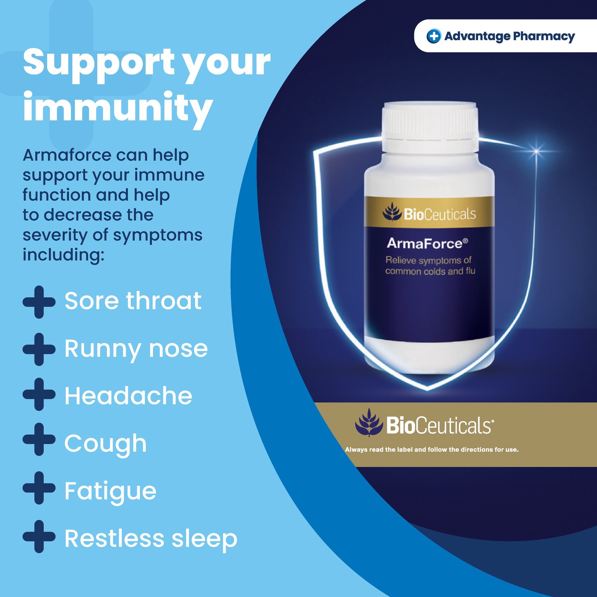 Your immune system is your body&rsquo;s most important defence against viruses and bacteria. Armaforce can help support your immune function and help to decrease the severity of symptoms of mild upper respiratory tract infections, including*:
🛡Sore 