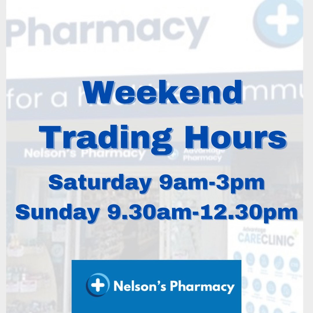 Did you know Nelson's Pharmacy is open 7 days a week, ready to help our community for all health needs 💙
Our weekend trading hours are: 
Saturday 9am-3pm
Sunday 9.30am-12.30pm
Nelson's Pharmacy
124 West St, Hadfield
9306 8196
#nelsonspharmacy #advan