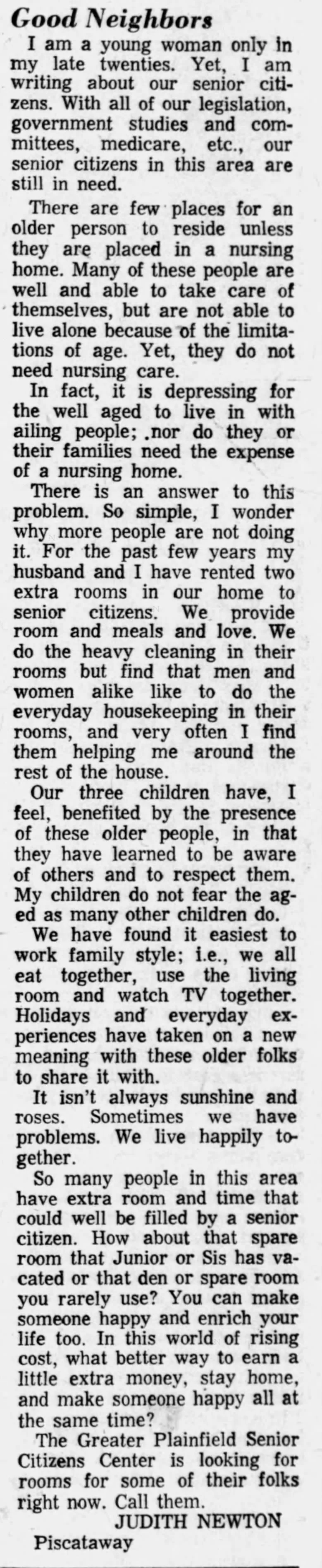 1968 Judith Newton describes her passion to care for seniors before opening Newton's Guest Home in the newspaper