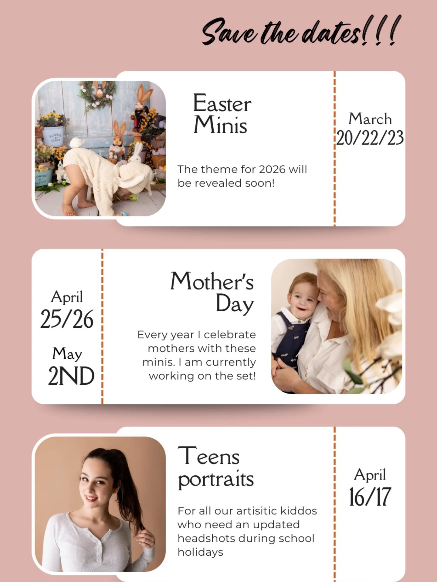 Upcoming Mini sessions!! Save the date, comment 💗if you want to receive details when they're ready too!!
I'll hold 
⭐Easter minis
⭐Mother's Day minis
⭐Teens portraits minis!!
Save $$ if you book 2 or more xx