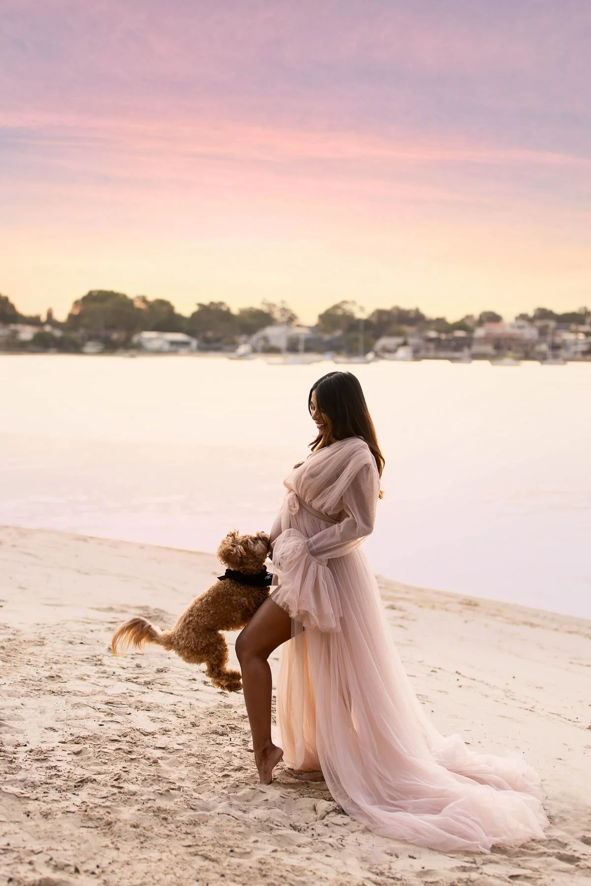 Pregnant woman in white dress in the water at sunset North Shore Maternity photographer and her dog