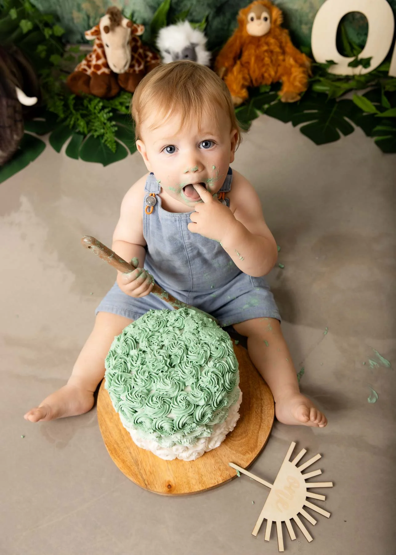 Cake smash photographer Sydney North Shore
Jungle theme baby sitting up in front of a birthday cake